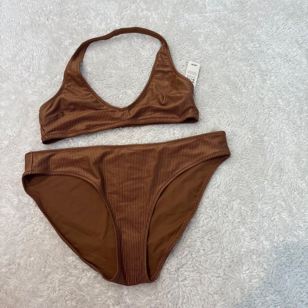 Aerie Womens Gold Ribbed Bikini Set L/XL Outdoors Beach Summer Resort Vacation
